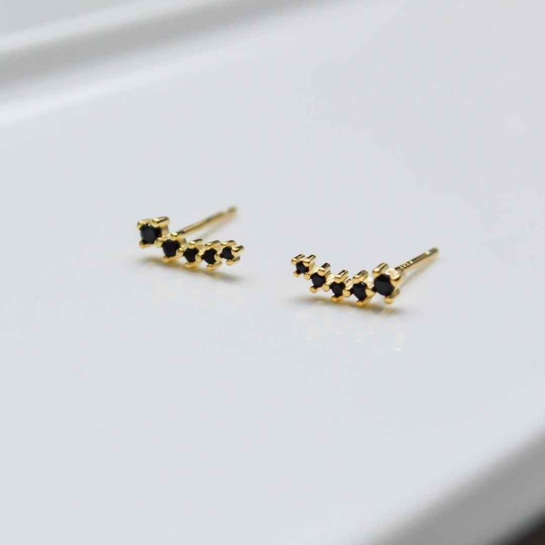 Zarte goldene Ohrstecker mit je fünf schwarzen Zirkonia verziert.
